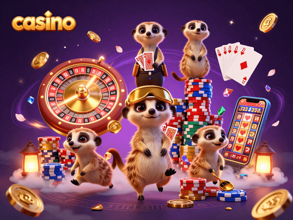 Casino meerkats managing a dynamic gaming scene with colorful chips and coins flying in action.