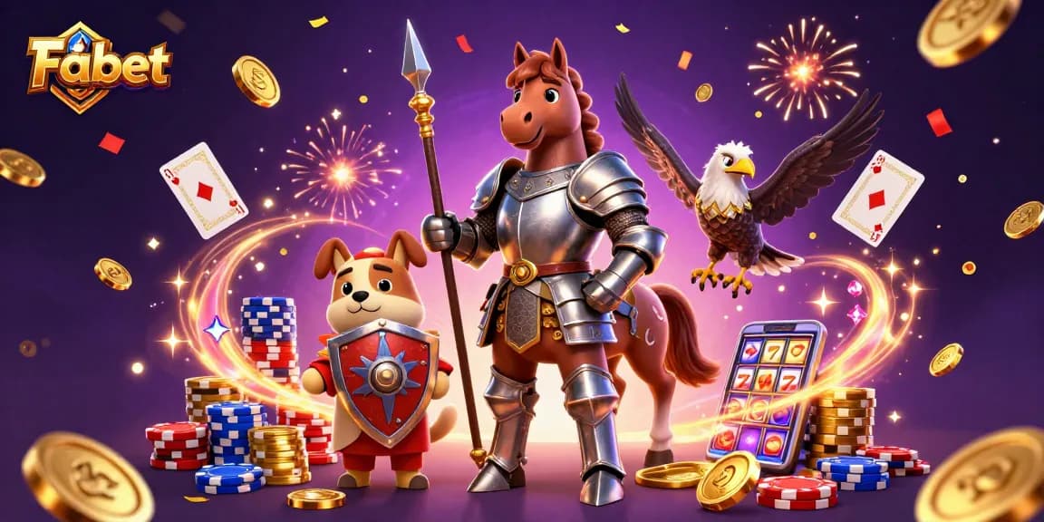 Engage with Fabet's thrilling casino adventure featuring knight, puppy, and falcon amidst reels and poker chips.