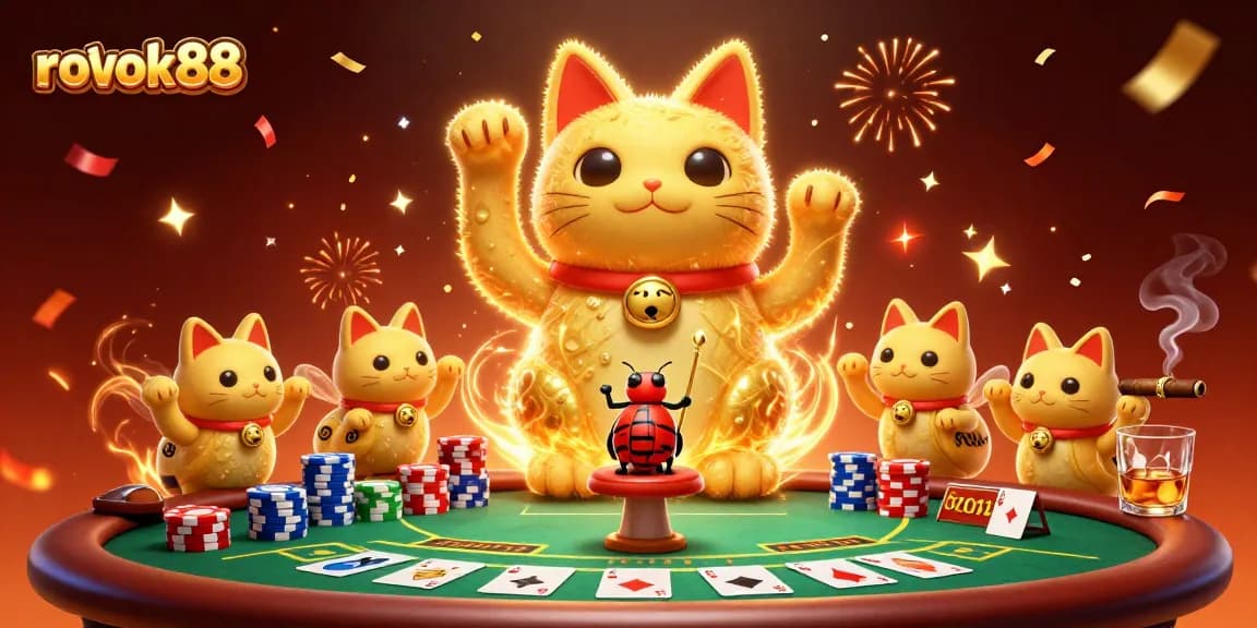 Experience the excitement of rokok88 with a vibrant lucky cat and casino symbols in a dynamic scene.