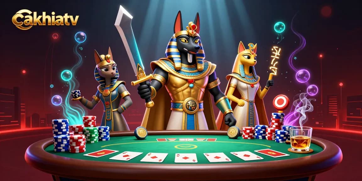 CakhiaTV enhances online poker experiences with vibrant Anubis and Bastet in a dynamic casino scene.
