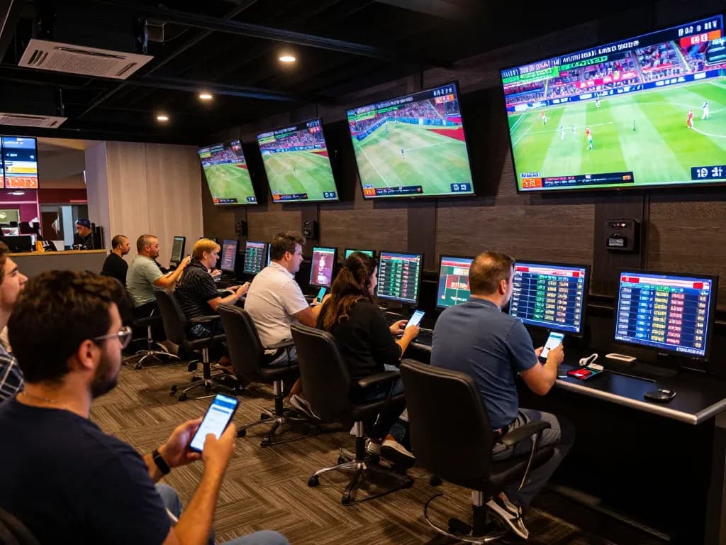 Active sports betting scene with dynamic display of tỷ lệ kèo nhà cái 5 showing live updates, engaged bettors strategizing