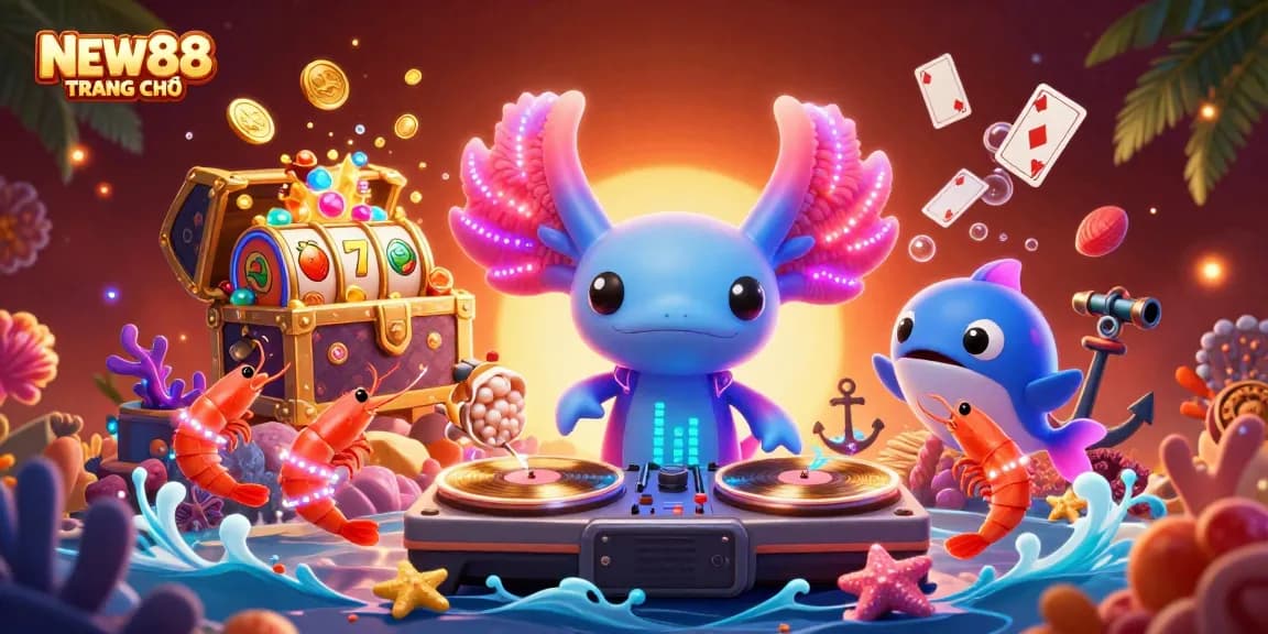 Experience the thrill of gaming at NEW88 TRANG CHỦ with a vibrant 3D casino scene filled with exciting elements.