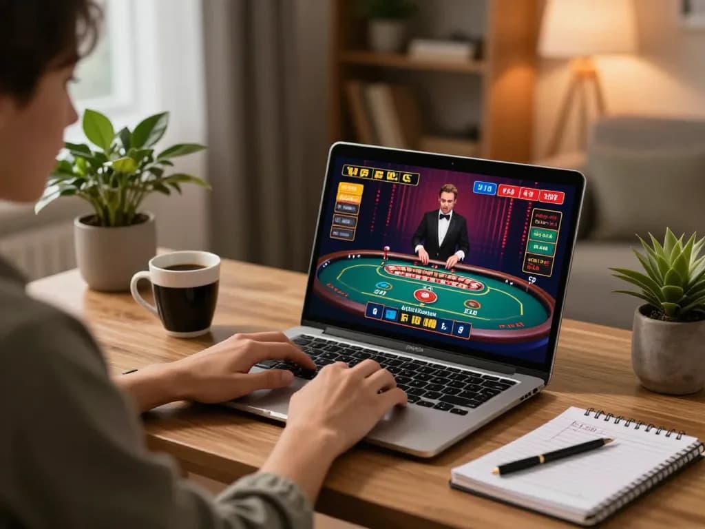 Engaged player exploring hay88x live dealer games on a laptop, showcasing a cozy home gaming setup.