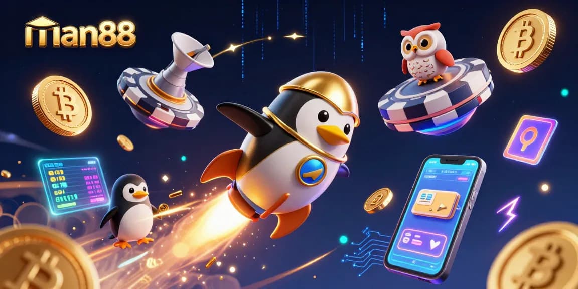 man88 soaring through a vibrant casino cosmos, featuring a golden penguin and crypto elements