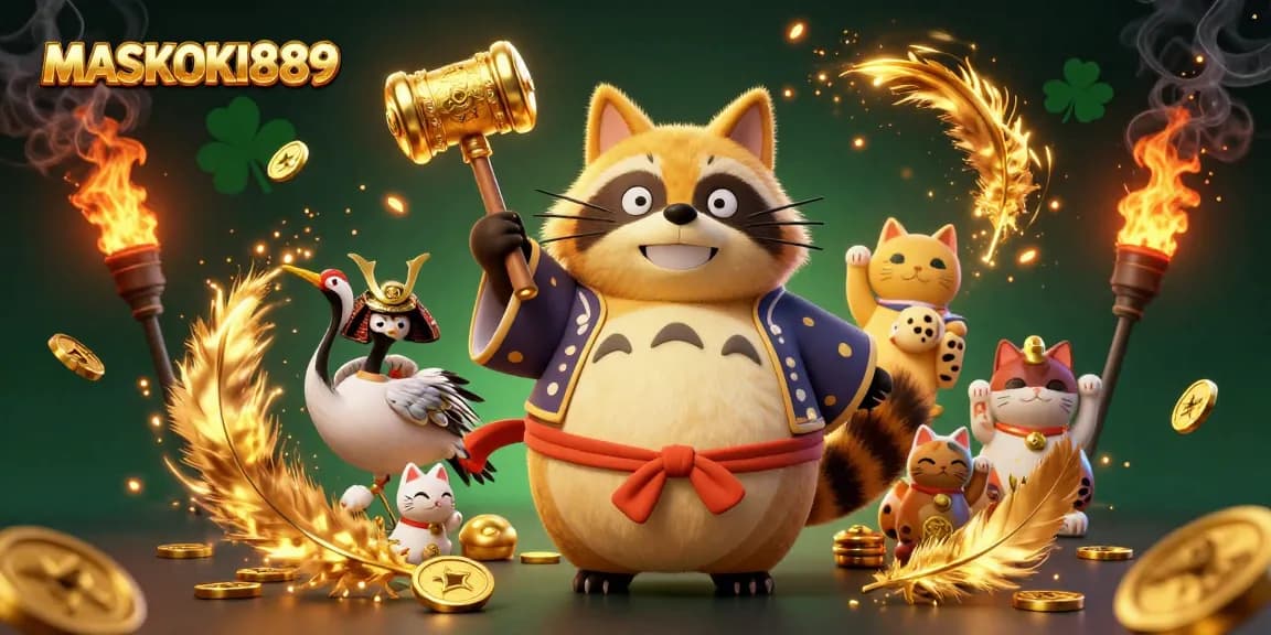 Join the joy at MASKOKI889 with a cheerful tanuki and fortune cats in a dynamic casino scene.