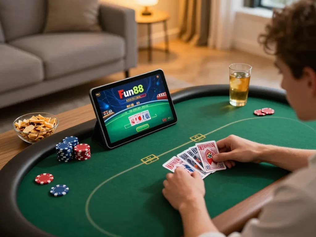 Fun88 online poker game setup in a cozy living room with cards and snacks visible