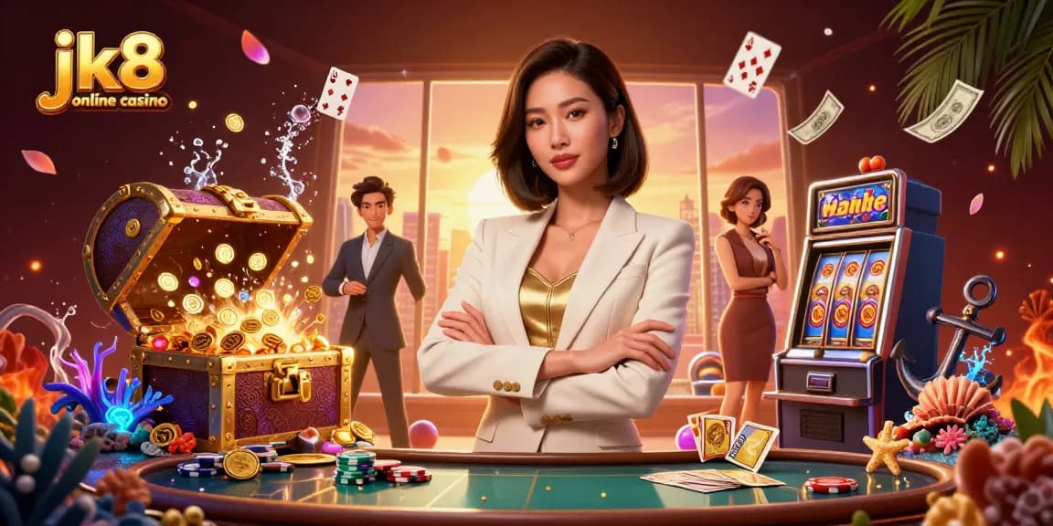 Experience excitement at jk8 online casino with a glamorous Asian woman holding cards amidst dynamic casino elements.