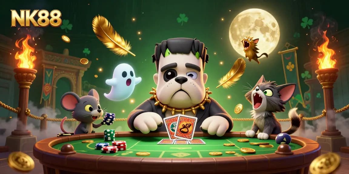 Experience NK88's thrilling casino action with Frankenstein bulldog and ghost mouse at the table.