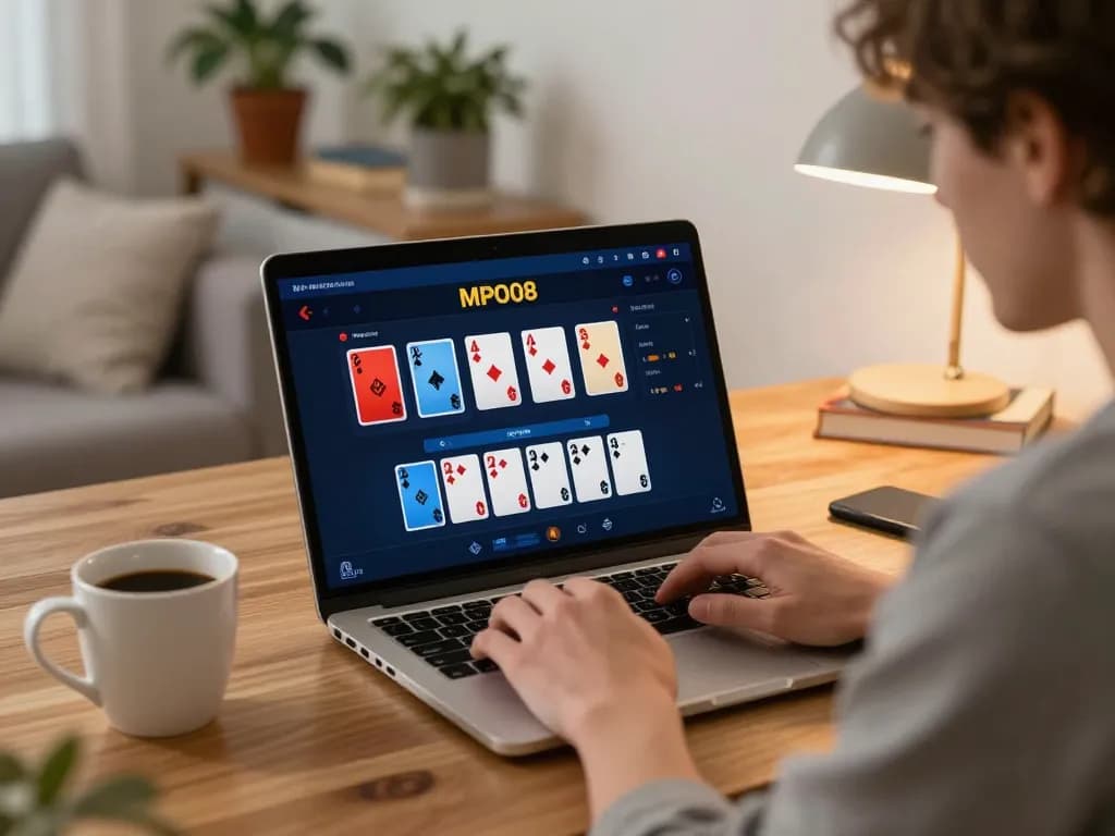 Engaging player enjoying MPO08 Link gaming experience on laptop with coffee in cozy setup.