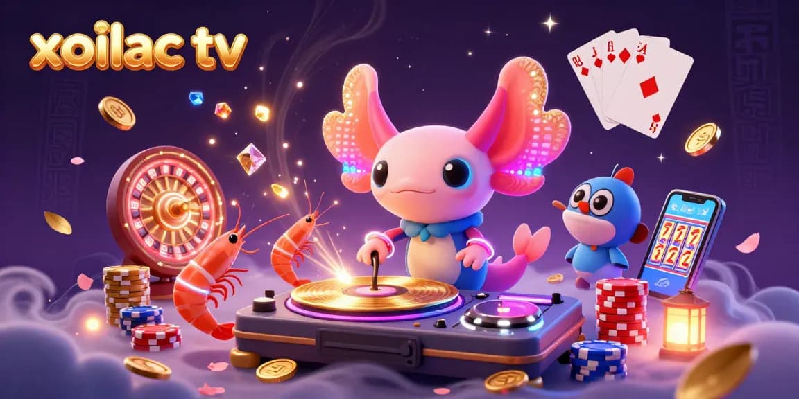 Xoilac tv features an axolotl DJ spinning records surrounded by shrimp and a blowfish, creating a vibrant gambling scene.