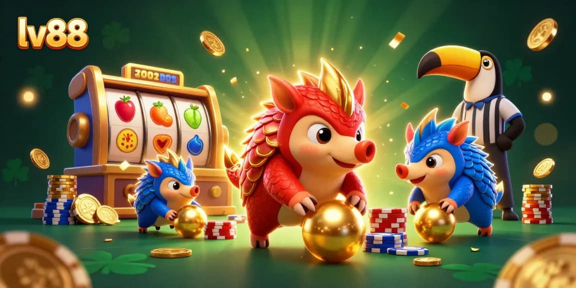 Experience the thrill of lv88 with playful pangolins bowling through stacks of golden poker chips.