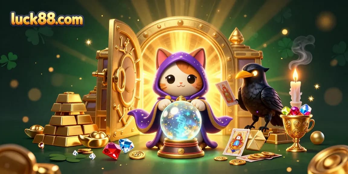 Engage with luck88com's vibrant casino world through a mystical illustration filled with treasures.