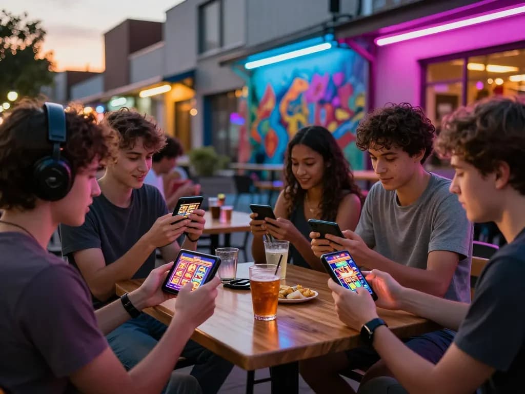 Young adults enjoying autowin88 mobile games in a vibrant urban setting with neon lights.