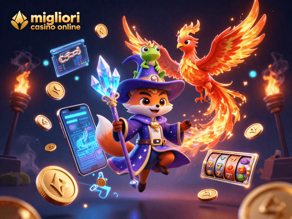 Gioca nei migliori casino online con un'illustrazione 3D dettagliata di un mago e una fenice circondati da simboli di gioco e criptovalute.