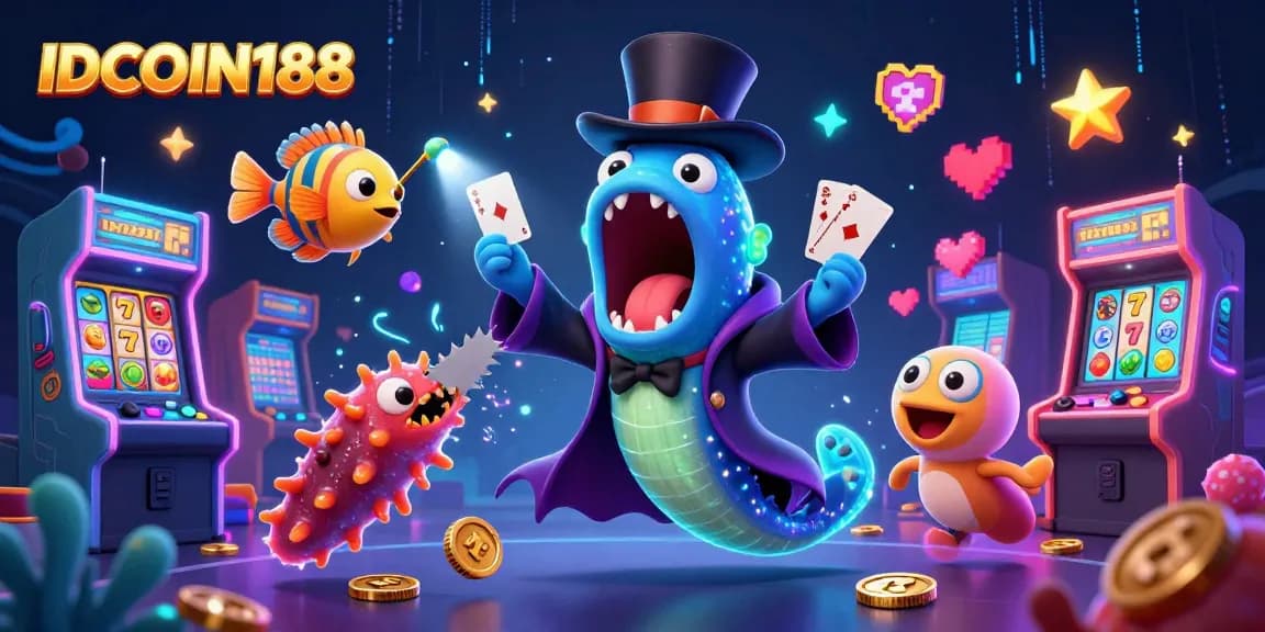 IDCOIN188 showcases a vibrant casino illustration with unique characters and dynamic gaming elements.