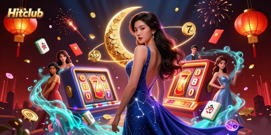 Experience thrilling gaming at Hitclub with vibrant casino elements and an elegant Asian character.