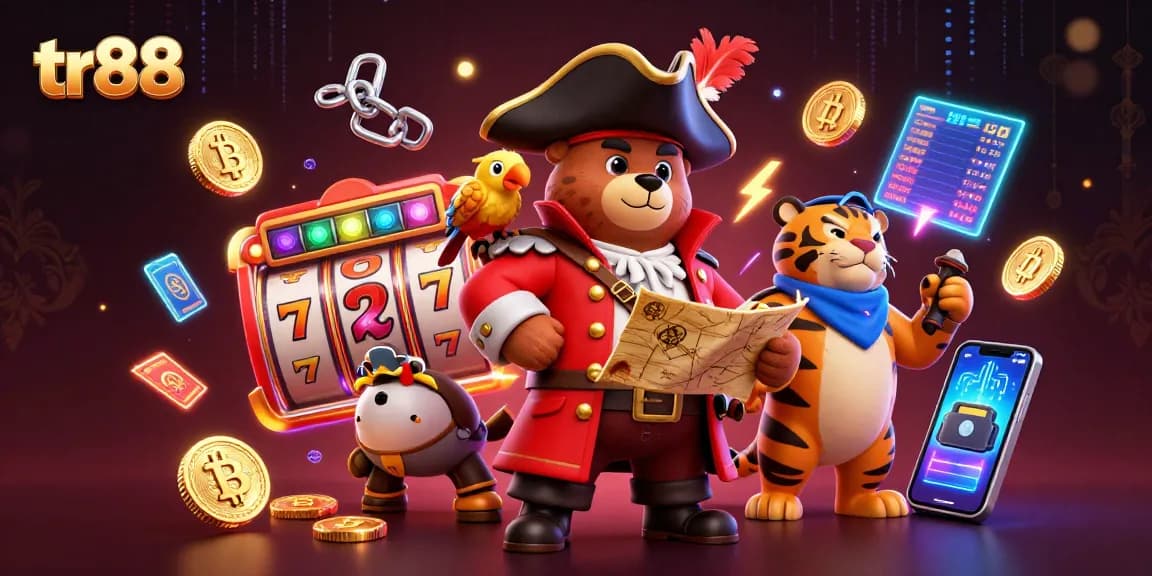 Engage players with tr88's thrilling slot experience featuring a pirate bear and tiger in a dynamic casino scene.