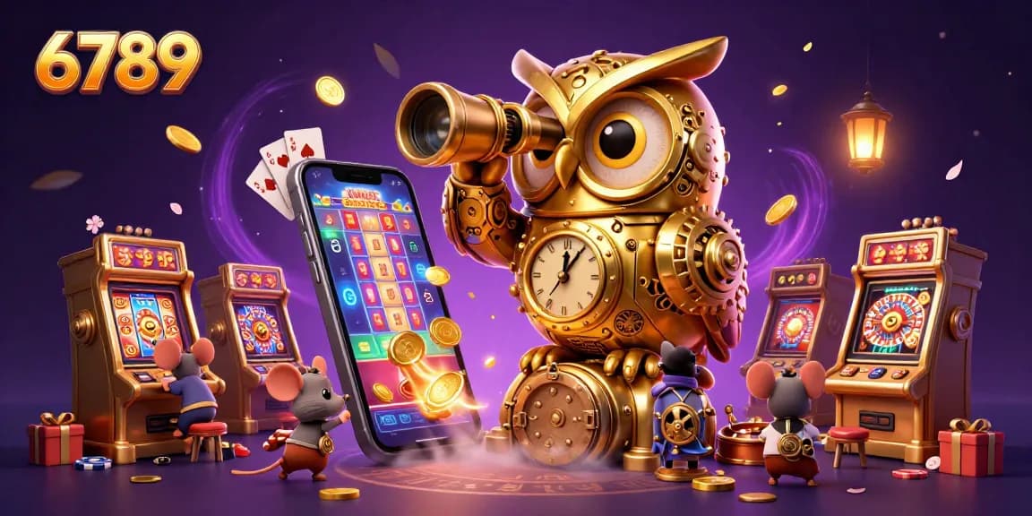 Engage with 6789 in a vibrant casino scene featuring a golden owl, winning slot games, and lively atmosphere.
