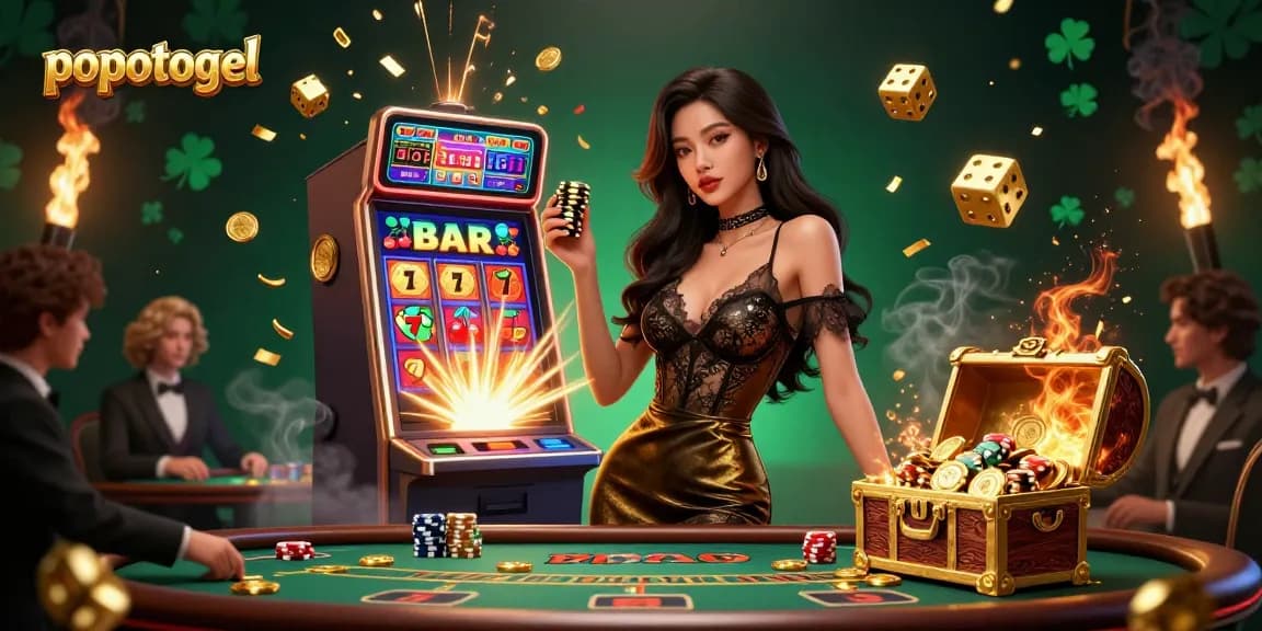 Experience thrilling popotogel gameplay with a glamorous scene of a confident woman at a VIP baccarat table.
