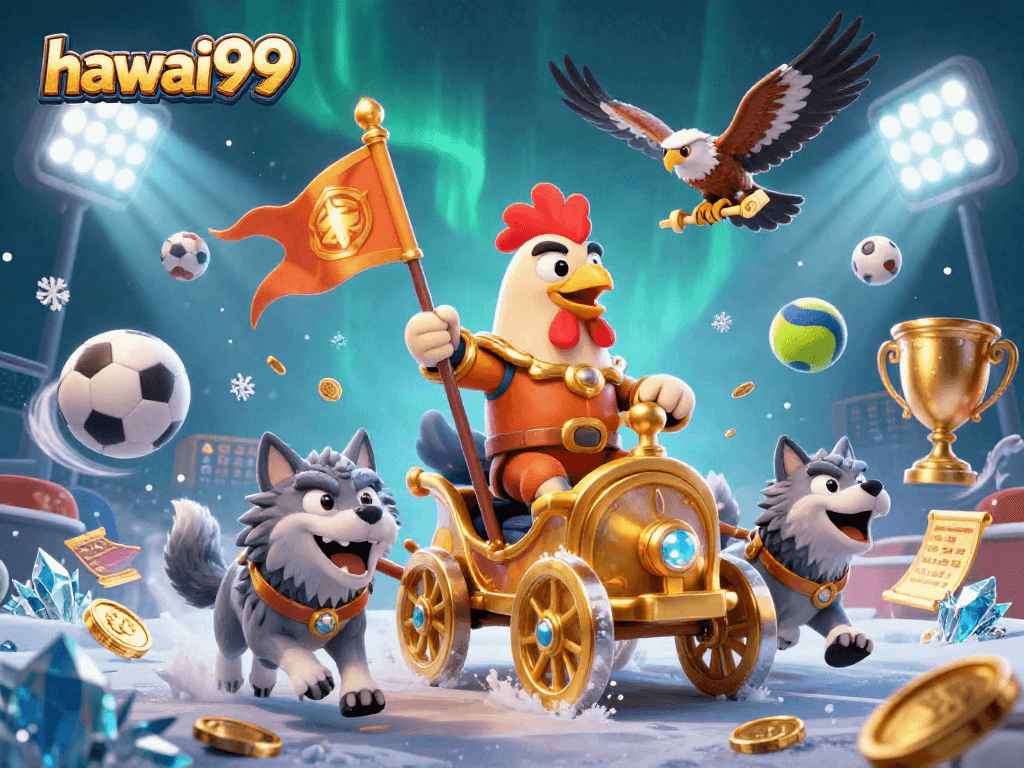 Experience thrilling action with hawai99, featuring a rooster warlord and dynamic sports elements.