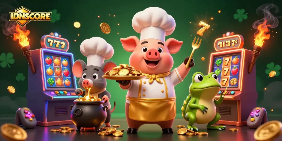 Engage with IDNSCORE's vibrant gaming scene featuring characters enjoying gold coins and interactive jackpot machines.