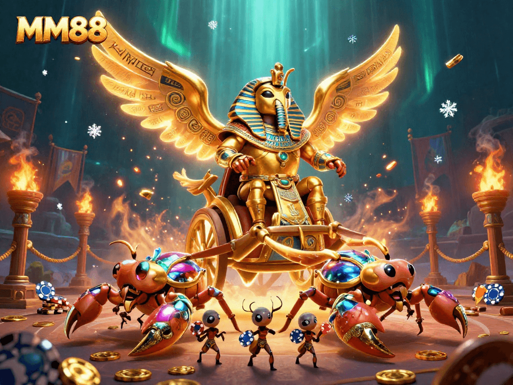 Engage with thrilling games at MM88, featuring a golden scarab and dynamic casino elements.