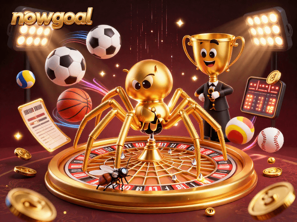 Engage with nowgoal's thrilling sports betting scene featuring a golden spider, centipede dealer, and dynamic elements.