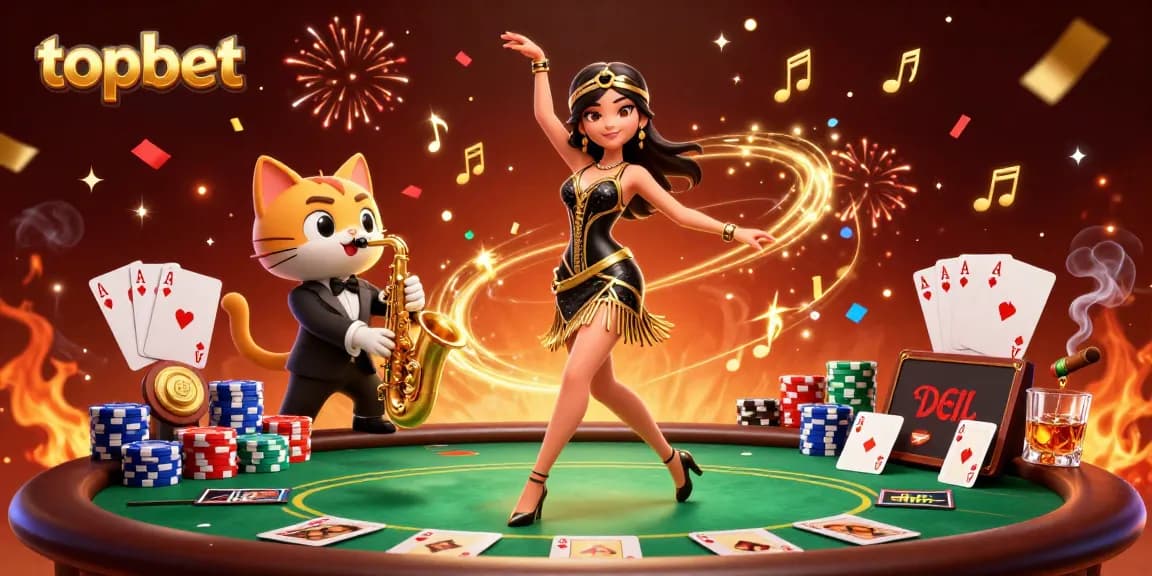 Engage in topbet gaming with a vibrant casino scene featuring a stylish flapper and saxophone-playing cat.