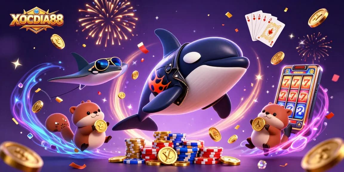 Experience the thrill of winning big with XOCDIA88 in this lively casino-themed illustration.