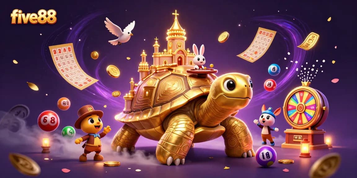 Experience excitement with five88 at a vibrant casino scene featuring colorful lottery elements and a charming golden tortoise.