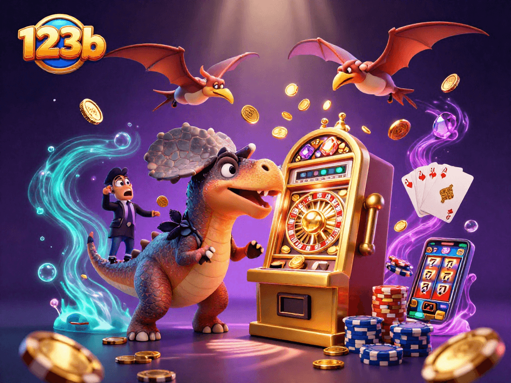 Catch the jackpot with 123b as a dinosaur thrashes a slot machine in a vibrant casino scene.