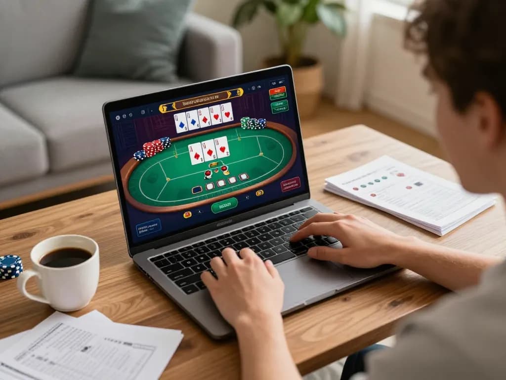 O8 players engaging in online poker from home, showcasing vibrant gaming interface with strategy notes.