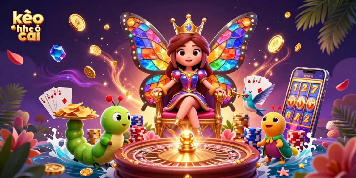 Engage with kèo nhà cái as a butterfly queen presides over a casino realm, enriched with casino elements.