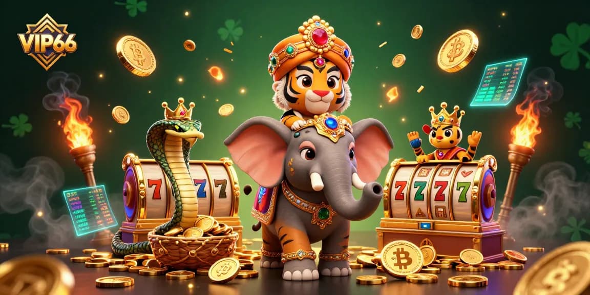 Engage in thrilling gaming at VIP66, featuring a colorful elephant, tiger, and unique slot elements.
