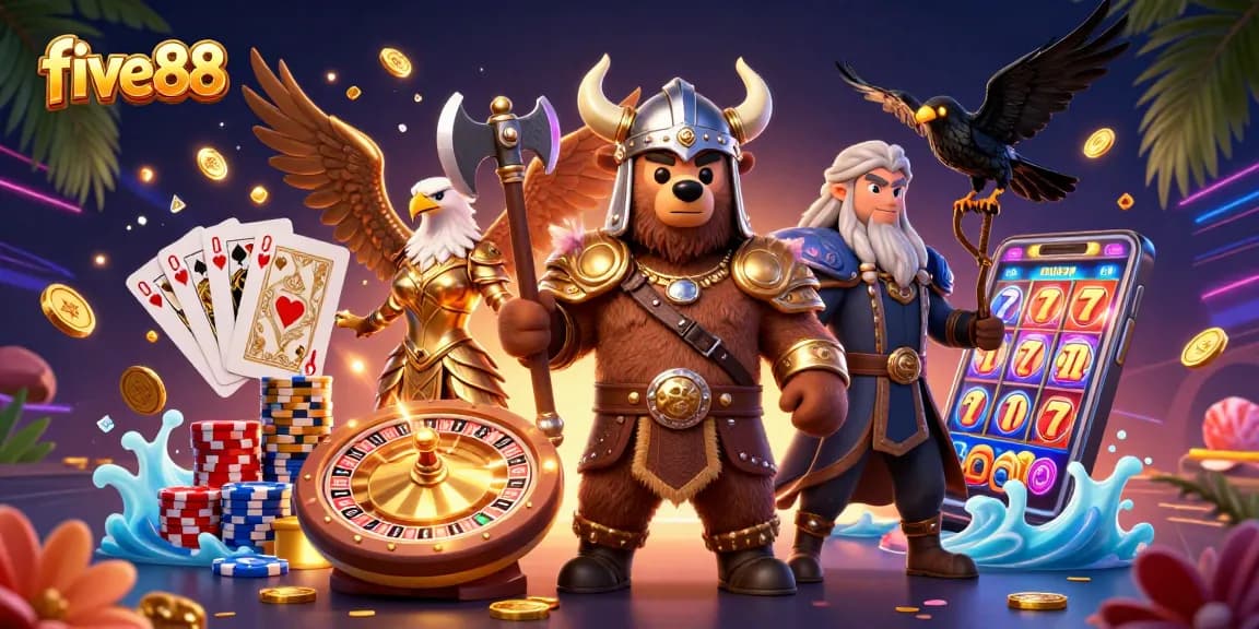 Engage with five88's thrilling casino games surrounded by vibrant 3D characters and animated elements.