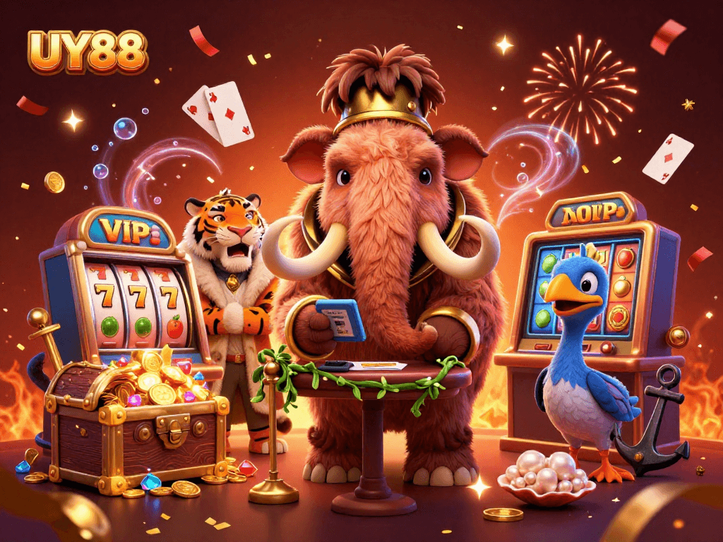 Celebrate with UY88 at a vibrant 3D casino featuring a woolly mammoth bouncer and slot machines.