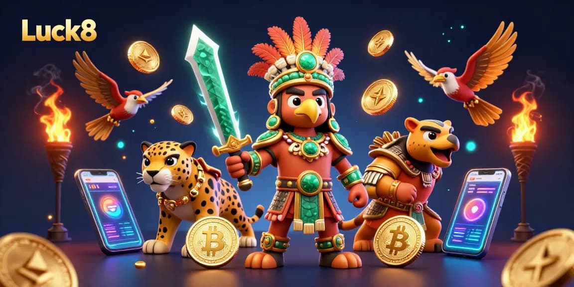 Luck8 features a dynamic scene with Aztec warriors and crypto coins, emphasizing vibrant casino energy.