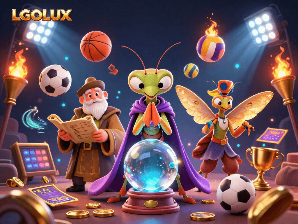 LGOLUX enhances your gaming experience with a vibrant 3D fortune teller scene filled with sports-themed elements.