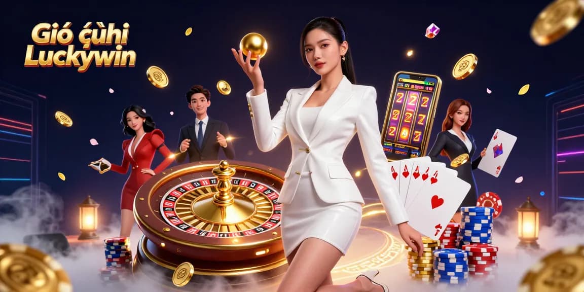 Experience the excitement of Giới thiệu Luckywin with a stunning illustration of a confident dealer and casino elements.