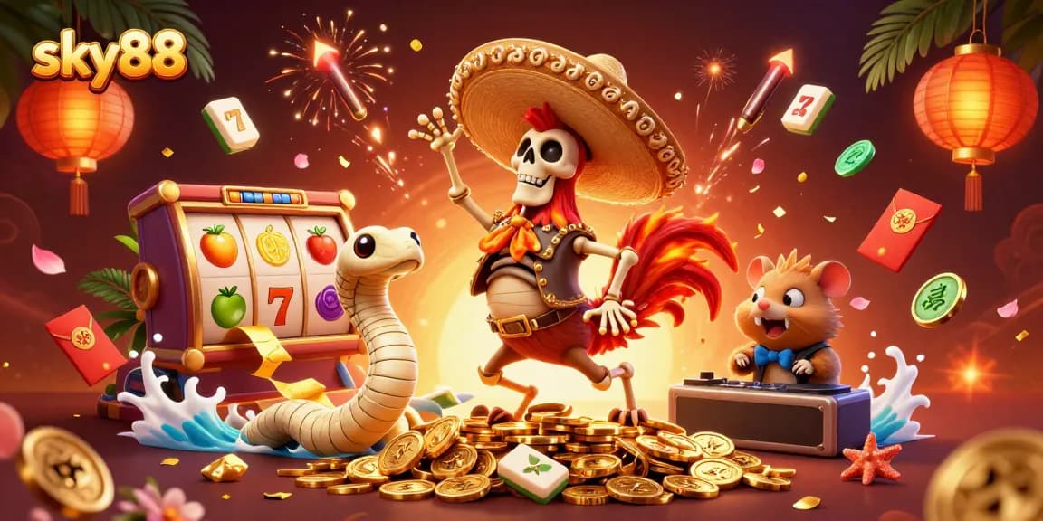 Experience sky88's vibrant casino scene with a unique skeleton rooster and festive elements.