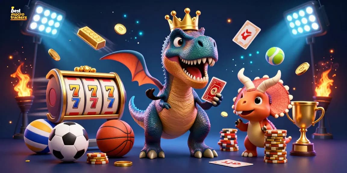 Win big with the best macro trackers, featuring a friendly T-Rex and casino gaming elements in action.