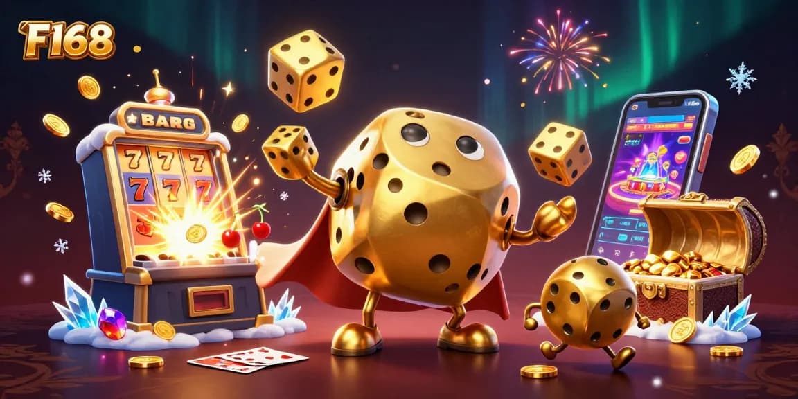 Experience F168's vibrant casino world with colorful slot and gaming elements illustrated dynamically.