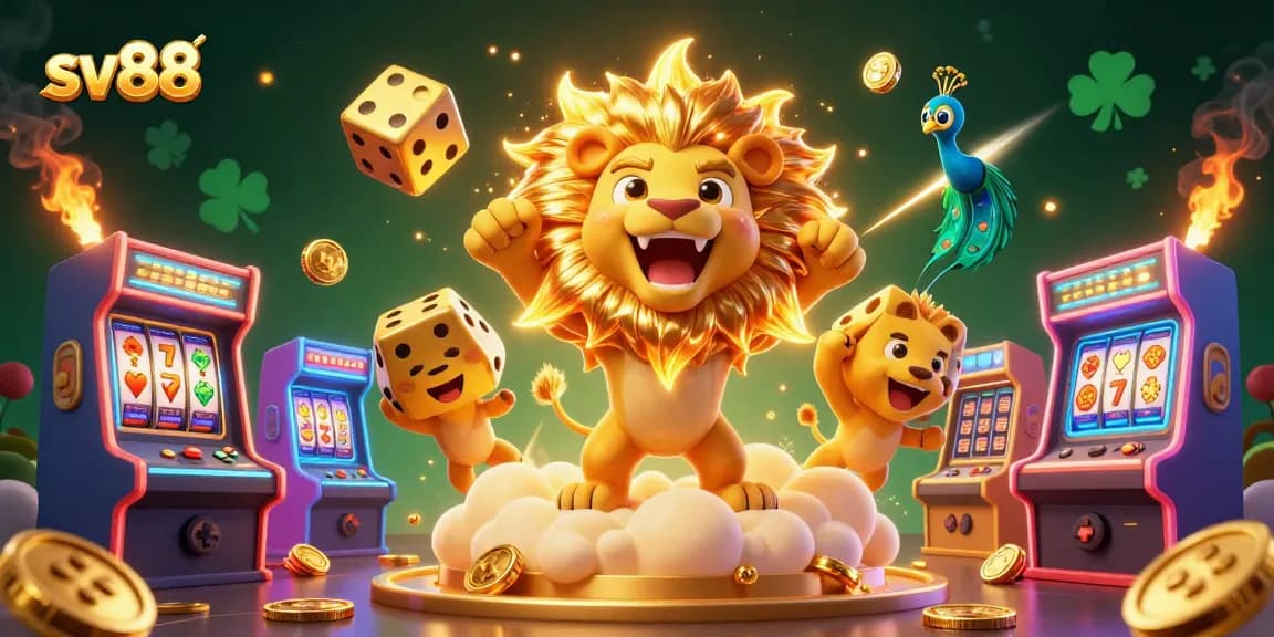 Experience the excitement of sv88 with a 3D illustration showcasing vibrant casino elements and a roaring sun lion.