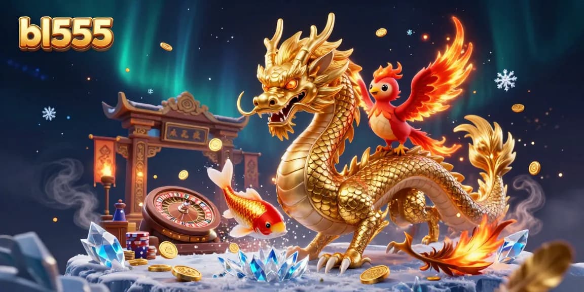 Bl555 shows a golden dragon and phoenix in an exciting live casino scene filled with gold coins.