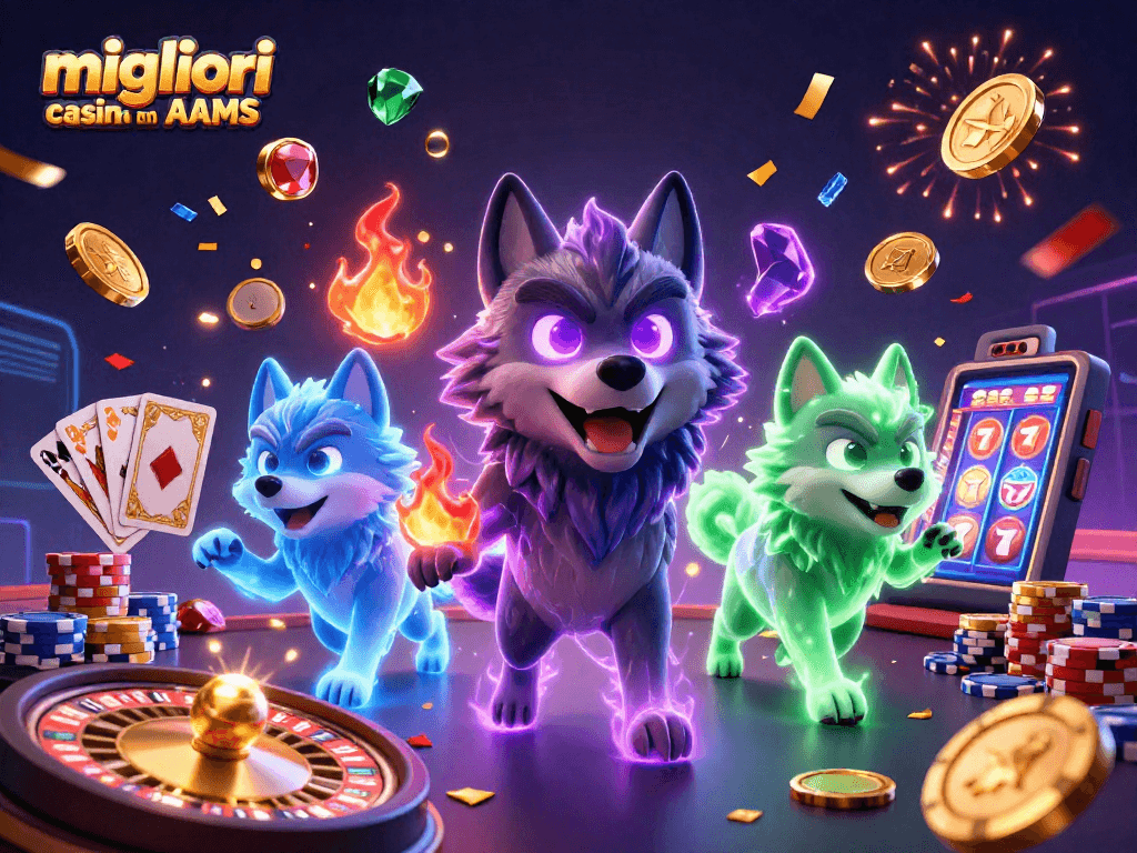 Scopri i migliori casino non AAMS con un'affascinante illustrazione 3D di personaggi da gioco tra spirali di energia e simboli iconici.