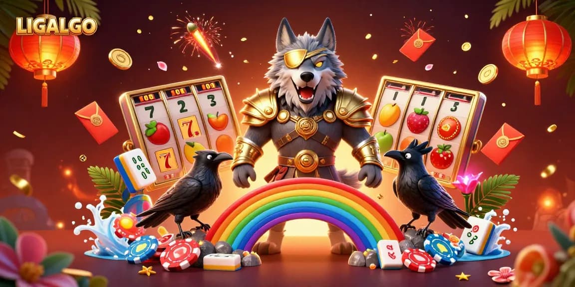 LIGALGO showcases winning moments with an Odin wolf character and slot reels surrounded by golden symbols and festive decorations.