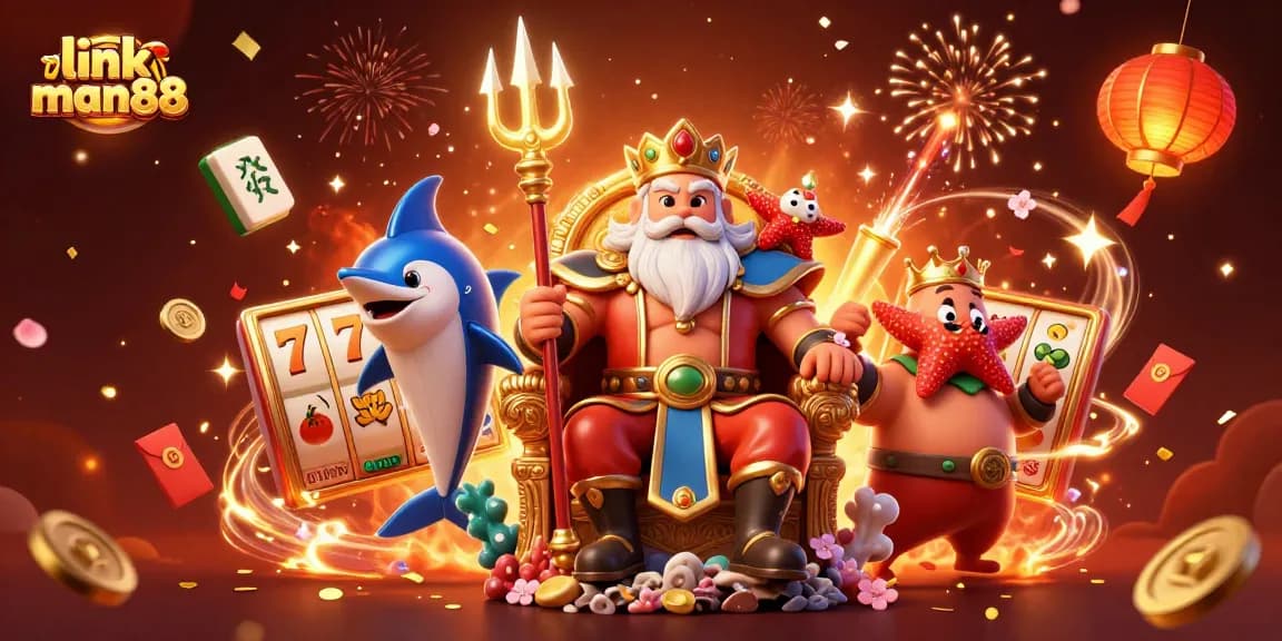 Play slots and win big with the link man88 – colorful 3D casino scene with rich gaming elements.