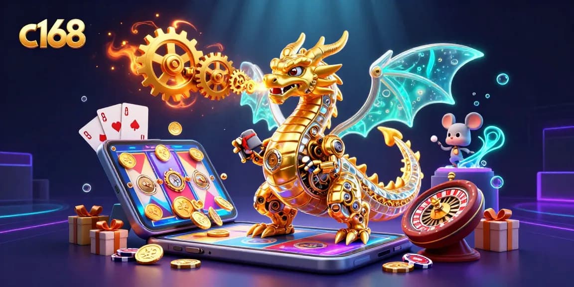 Experience the excitement of c168 with this vibrant 3D casino illustration featuring dynamic gaming elements.