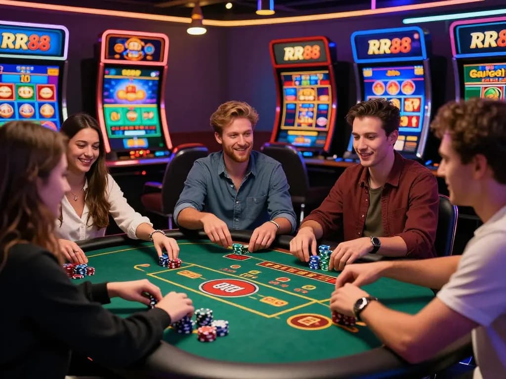 RR88 online casino scene with friends celebrating at a vibrant digital gaming table.