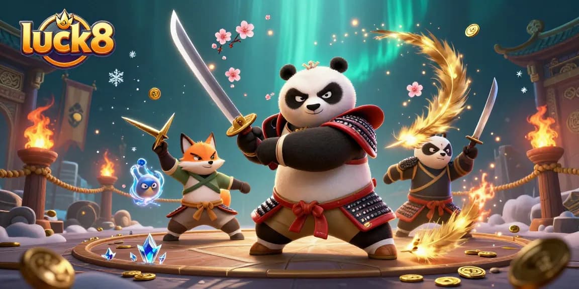 Engage with luck8's thrilling gaming world featuring samurai panda, ninja fox, and magical tanuki in a vibrant casino atmosphere.
